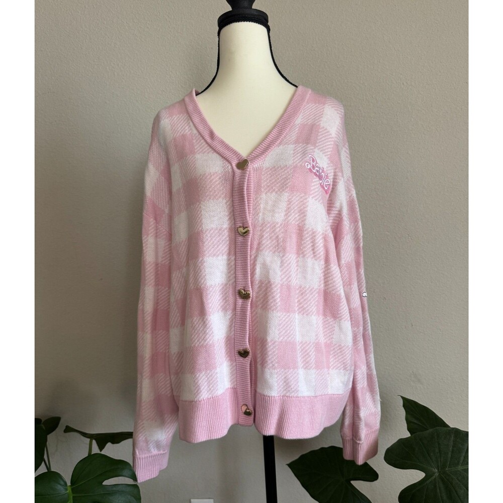 Hot Topic Barbie Pink Plaid Cardigan Sweater Embroidered Gold Heart Buttons M